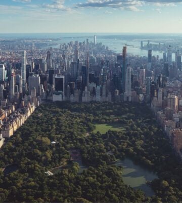 An aerial view of New York City, with Central Park in the middle