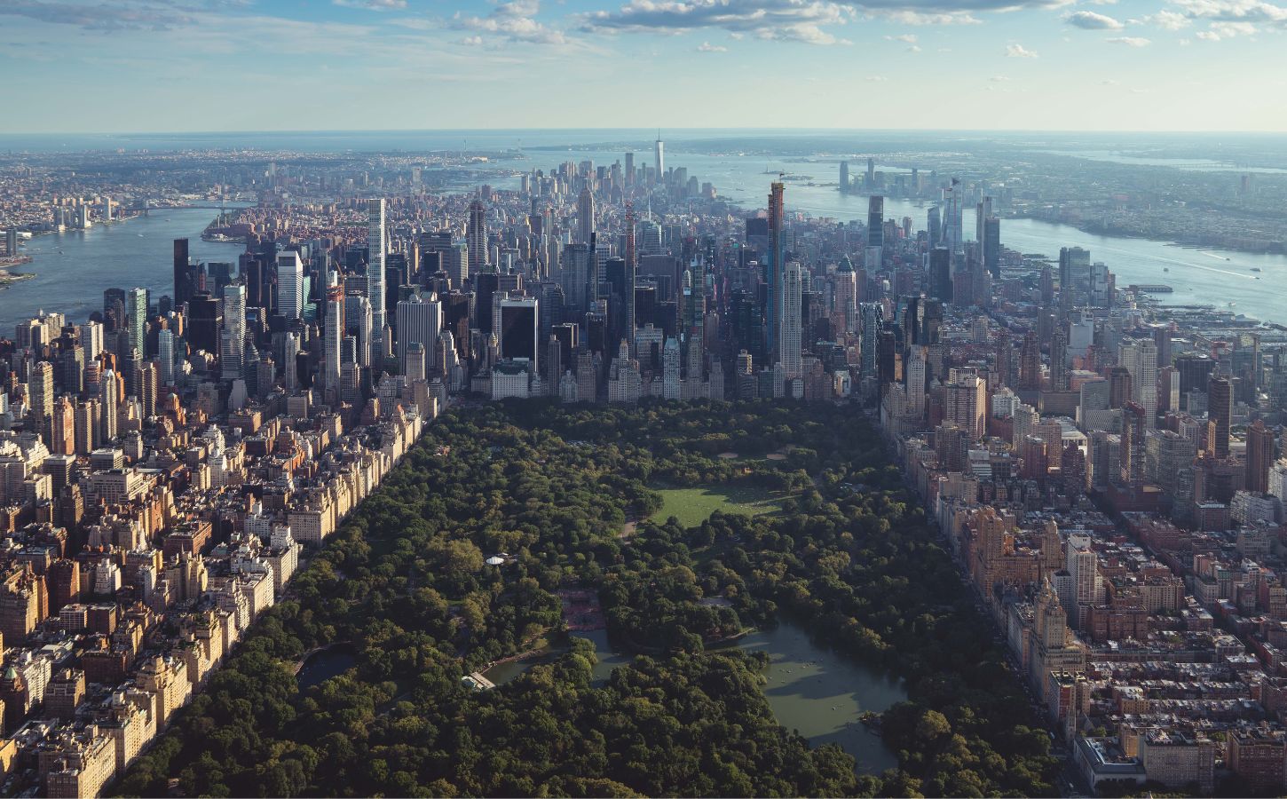 An aerial view of New York City, with Central Park in the middle