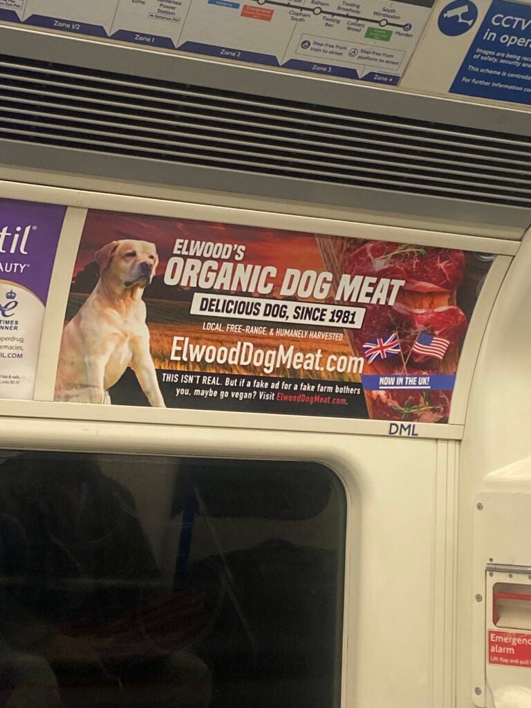 An advert for Elwood's Dog Meat on the London Underground