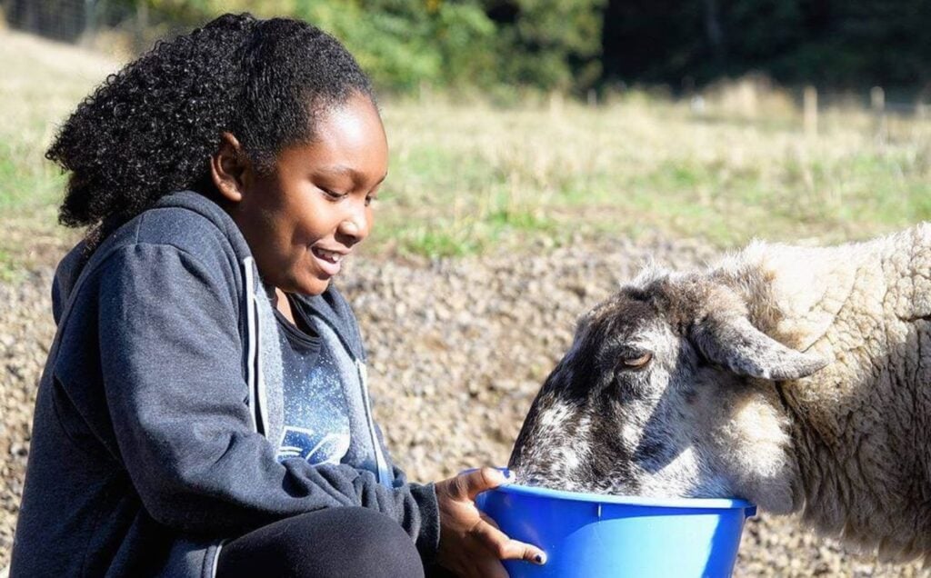 Vegan activist Genesis Butler feeding a sheep