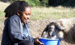 Vegan activist Genesis Butler feeding a sheep