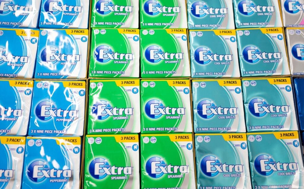 A selection of Wrigley's Extra chewing gum packets, which are suitable for vegans