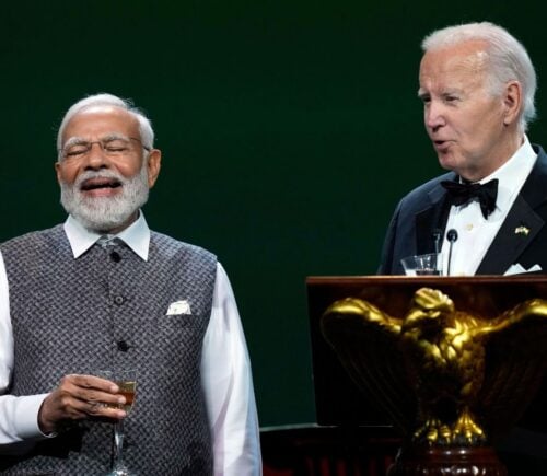 President Joe Biden offers a toast during a State Dinner for India Prime Minister Narendra Modi at the White House