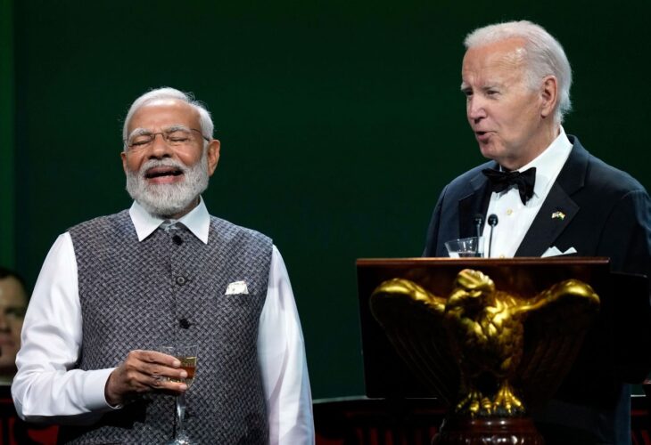 President Joe Biden offers a toast during a State Dinner for India Prime Minister Narendra Modi at the White House
