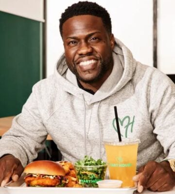 Plant-based celebrity Kevin Hart eating at Hart House, his vegan fast food restaurant chain
