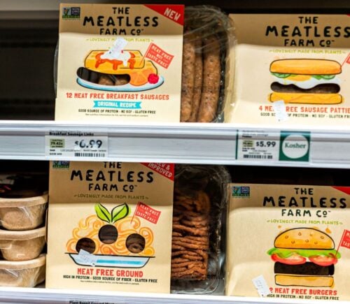 A selection of vegan Meatless Farm products in a UK supermarket