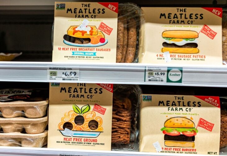 A selection of vegan Meatless Farm products in a UK supermarket