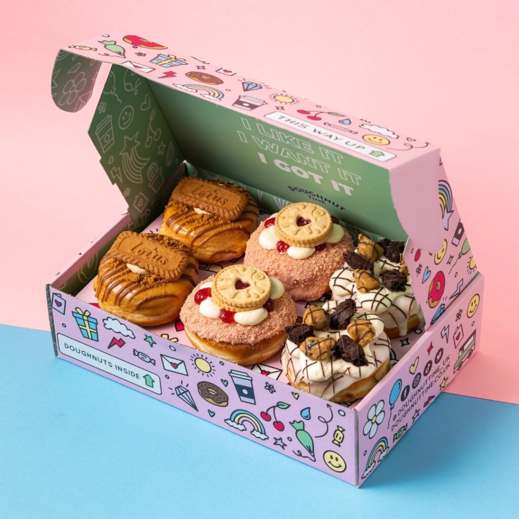 Box of vegan doughnuts from Doughnut Time in the UK