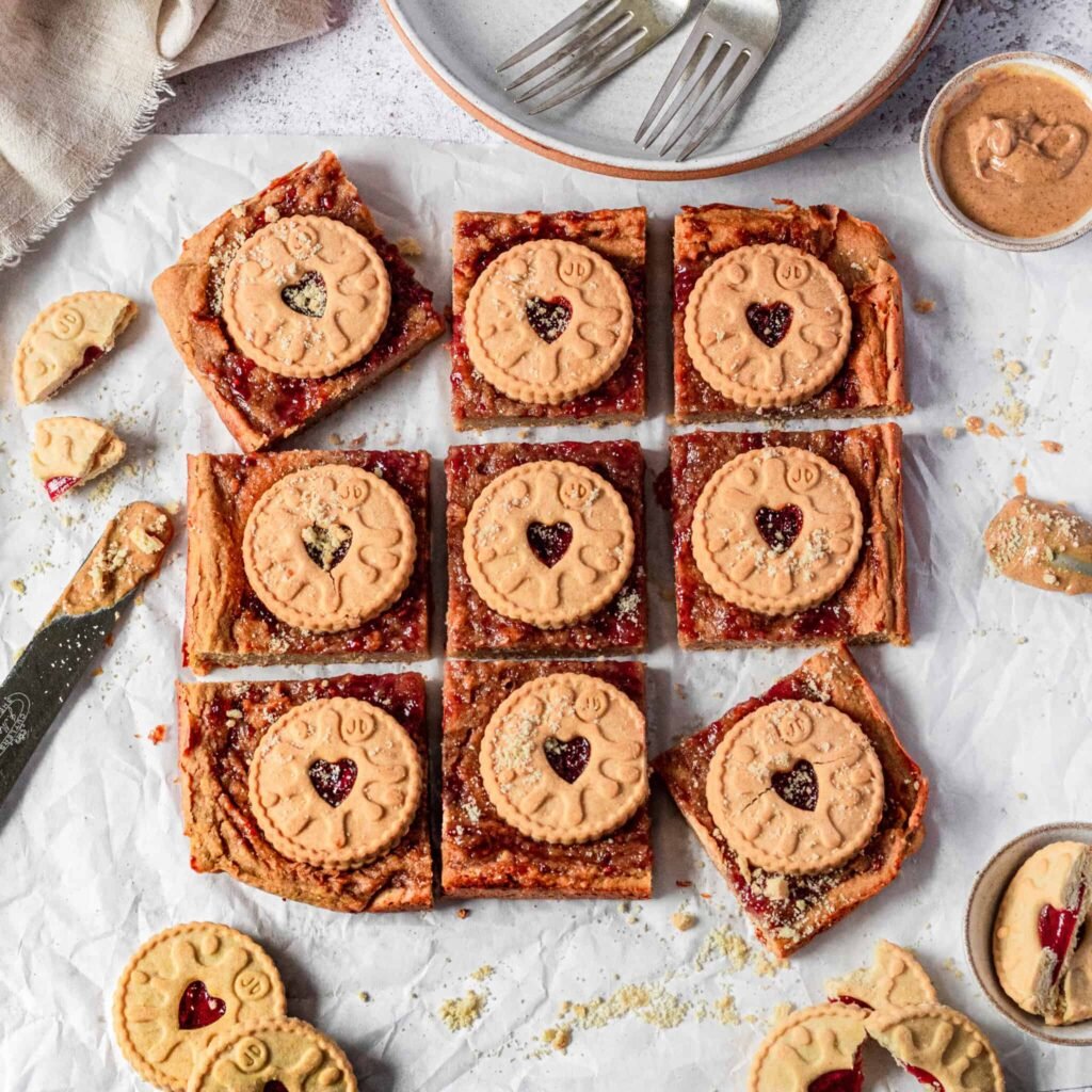 Freshly baked Jammie Dodger vegan chickpea brownies, cut into portions. 