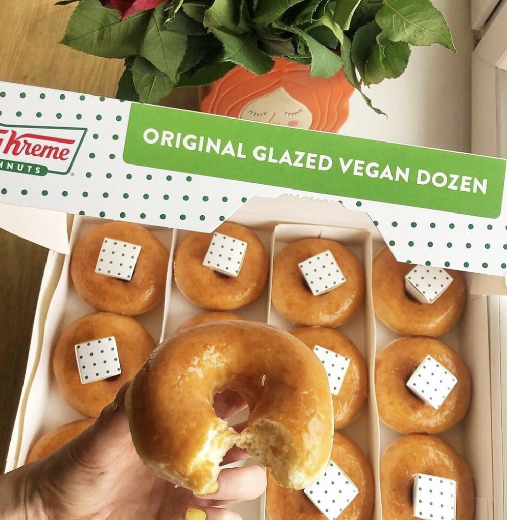 Box of vegan-friendly donuts from Krispy Kreme in the UK