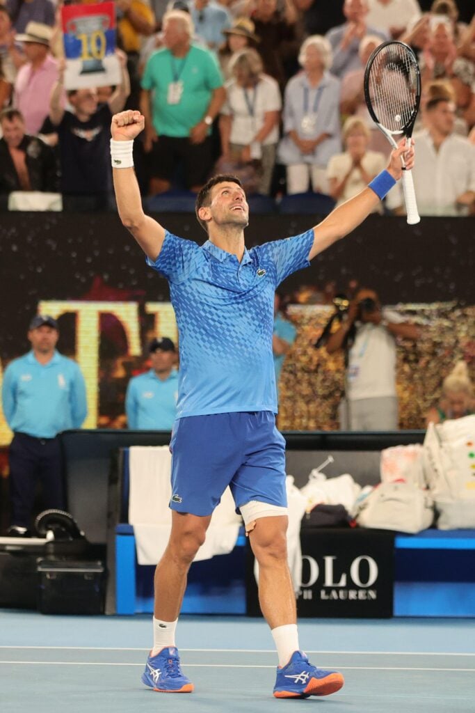 Plant-based celebrity and athlete Novak Djokovic celebrates on the tennis court