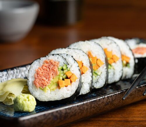 Cultured tuna made by BlueNalu in sushi rolls