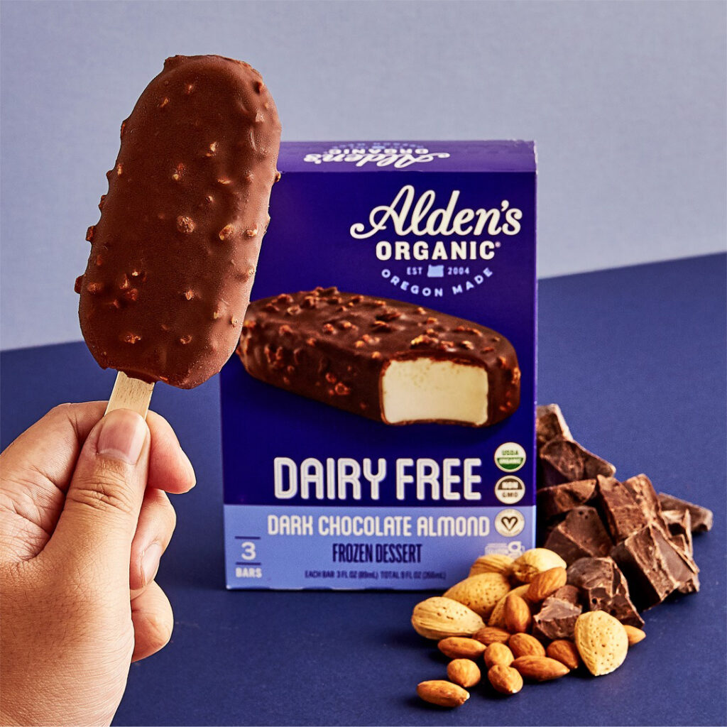 A dairy-free ice cream bar made by vegan-friendly dessert brand Alden’s Organic