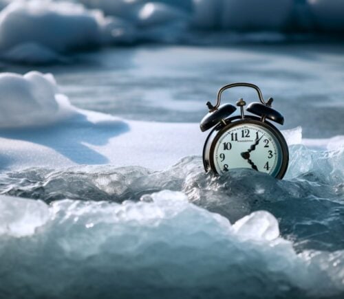 An alarm clock sitting in melting ice, a consequence of the human-driven climate crisis