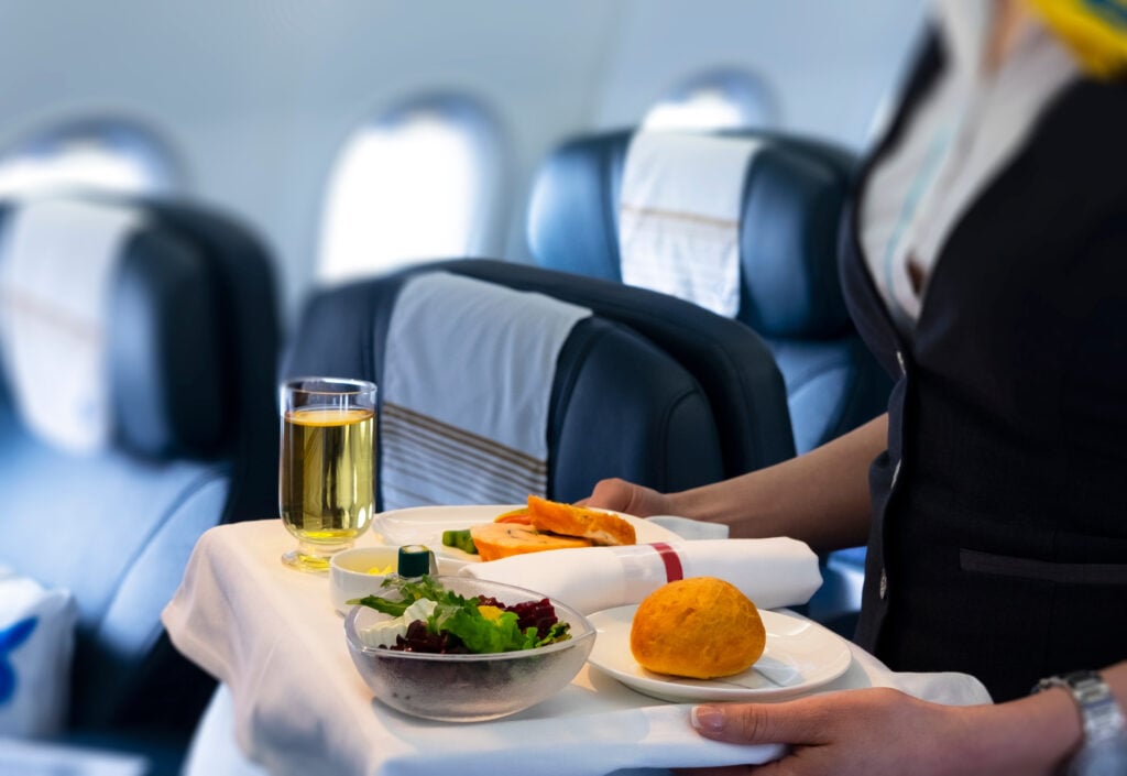 An air steward serving a plant-based meal on an airplane