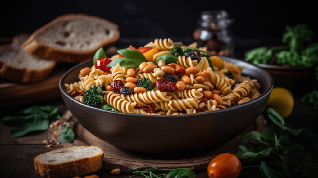 A bowl of sustainable plant-based pasta food, as part of an environmentally friendly vegan diet