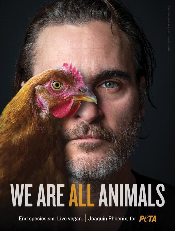 Vegan celebrity actor Joaquin Phoenix poses in a PETA campaign