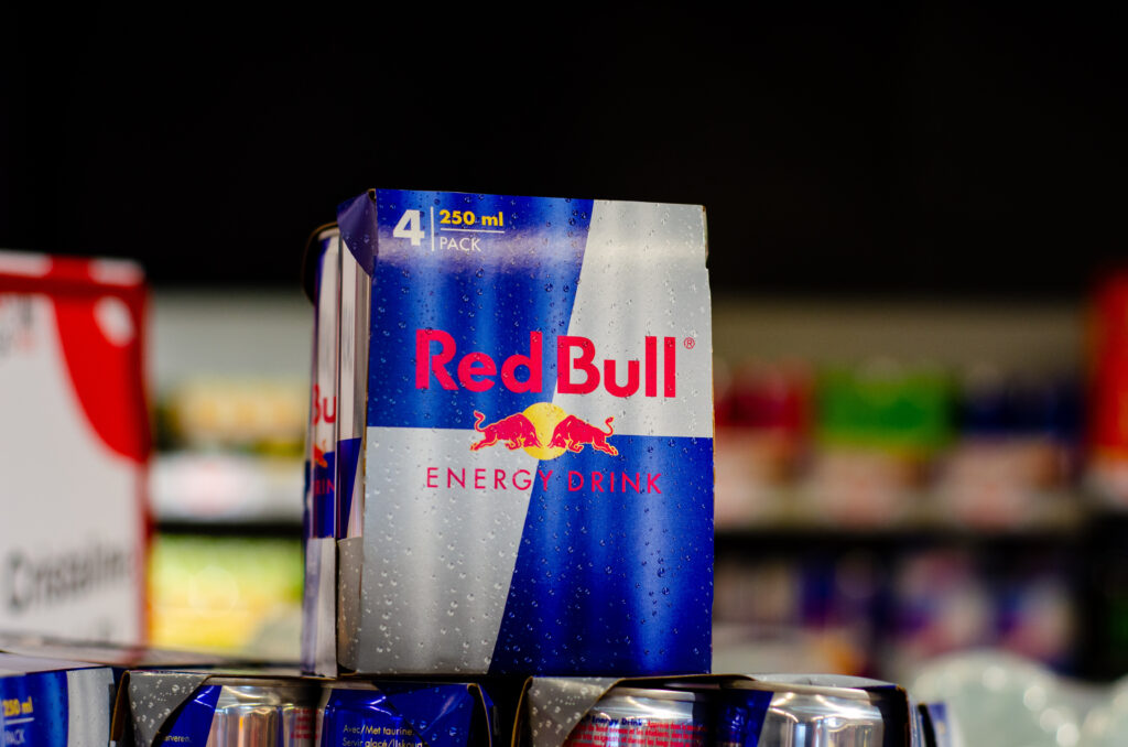 Cans of Red Bull in a supermarket