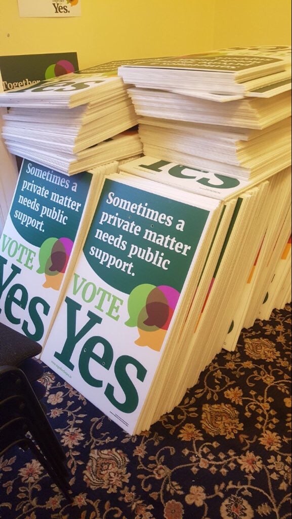 Pro-choice posters in Ireland reading "Sometimes a private matter needs public support. Vote yes"