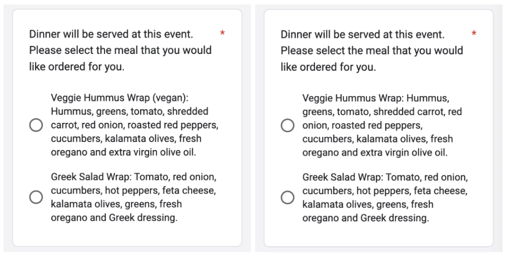 A virtual form filled out by meat-eaters, vegetarians, and vegans as part of a study into food choices