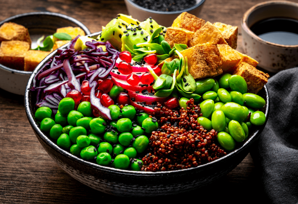 A vegan meal with edamame, a plant-based source of omega-3 fatty acids