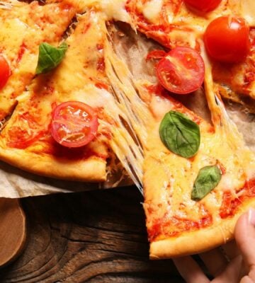 A pizza with tomatoes and cheese made from dairy milk