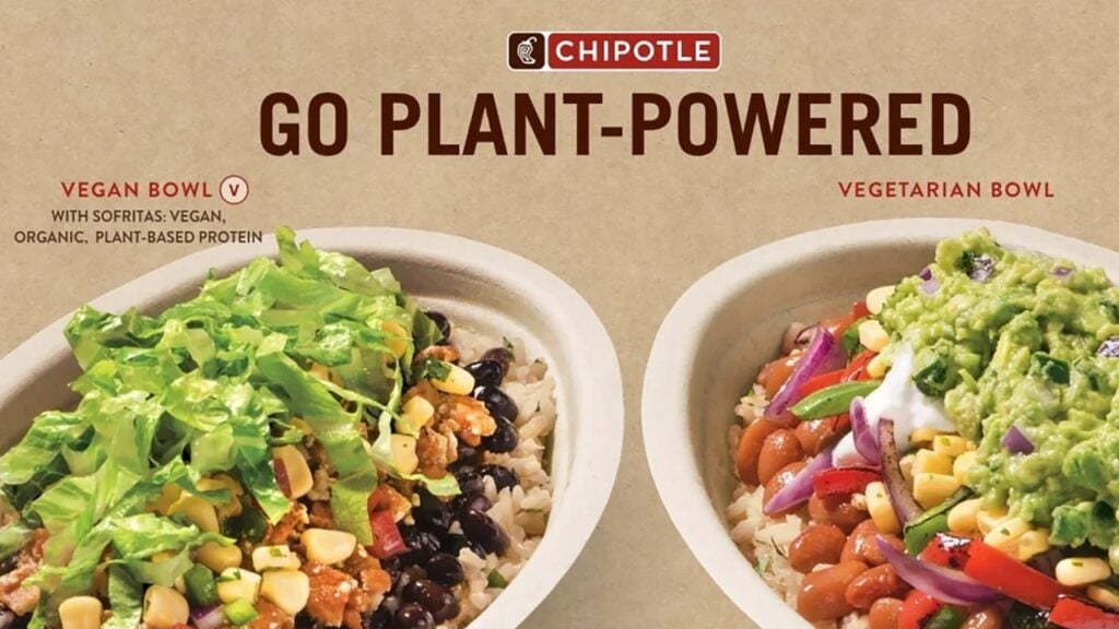 Chipotle vegan and vegetarian bowls with guacamole, salads, beans, and rice