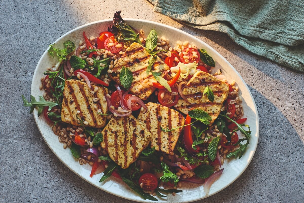 A vegan and dairy-free halloumi salad recipe from plant-based chefs BOSH!