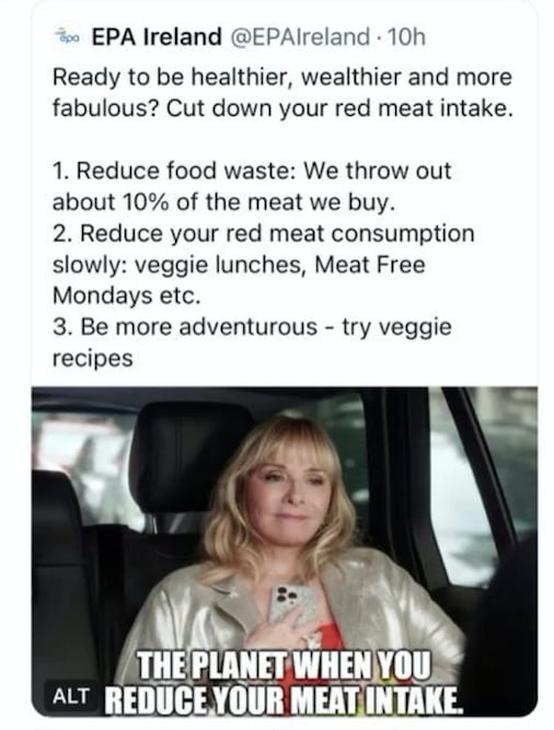 A deleted tweet encouraging people to cut down on meat from the Irish Environmental Protection Agency