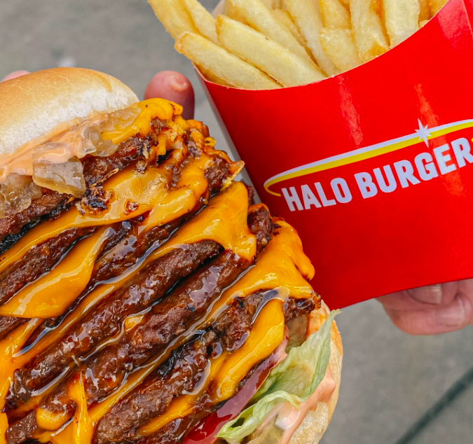 A vegan-friendly cheese burger and chips from Halo Burger in Lonon