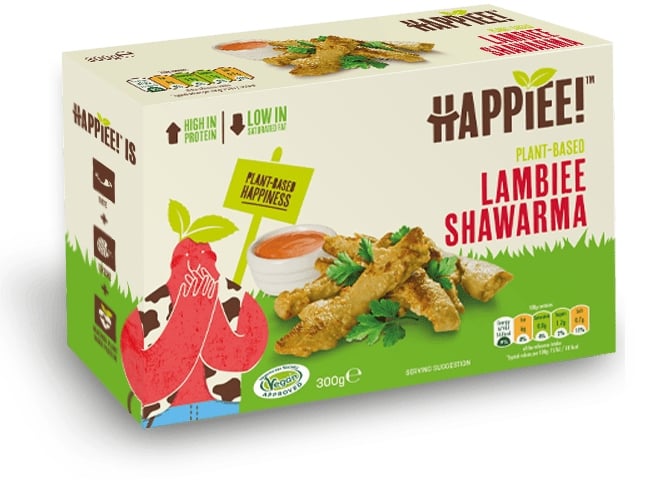 A vegan lamb shawarma product from plant-based meat brand Happiee