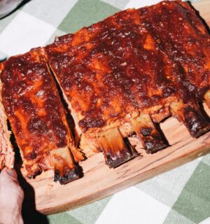 A rack of vegan realistic ribs from plant-based brand Juicy Marbles