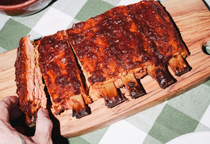 A rack of vegan realistic ribs from plant-based brand Juicy Marbles