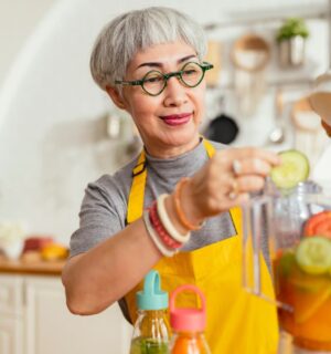 A woman making a plant-based smoothie