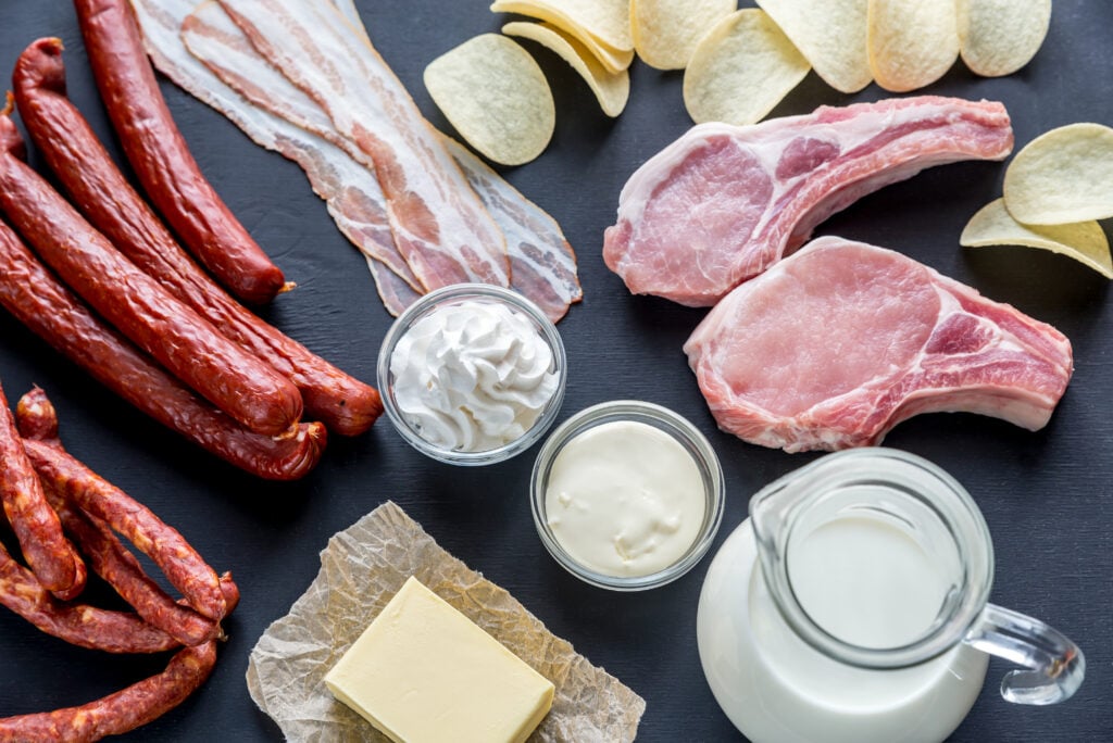 Meat and dairy products that are high in saturated fat and can lead to high cholesterol levels