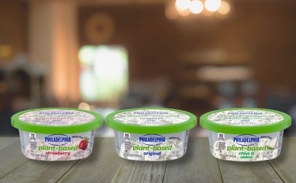 A row of vegan-friendly dairy-free cream cheese made by Philadelphia