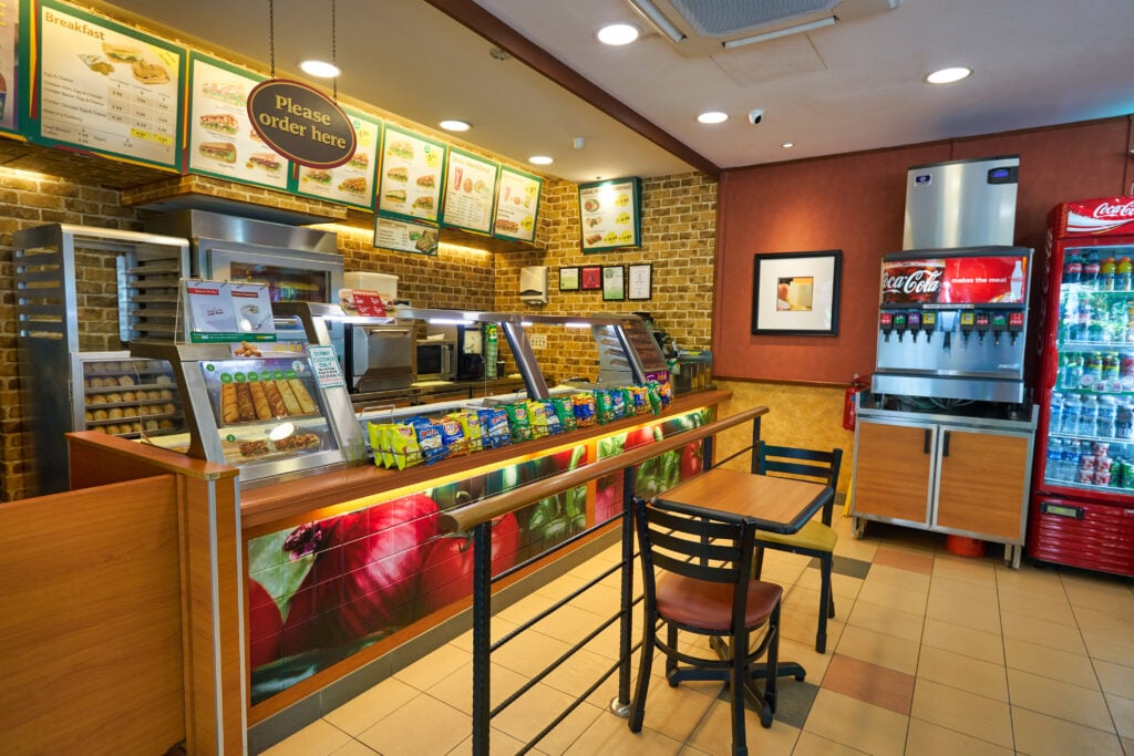 The inside of vegan-friendly fast food restaurant Subway