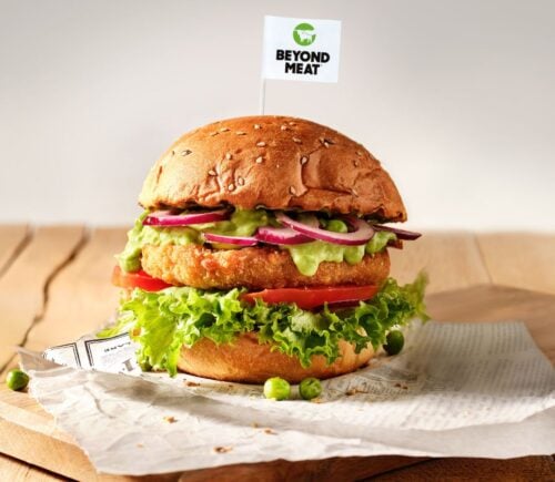A vegan burger featuring Beyond Meat's plant-based chicken alternative