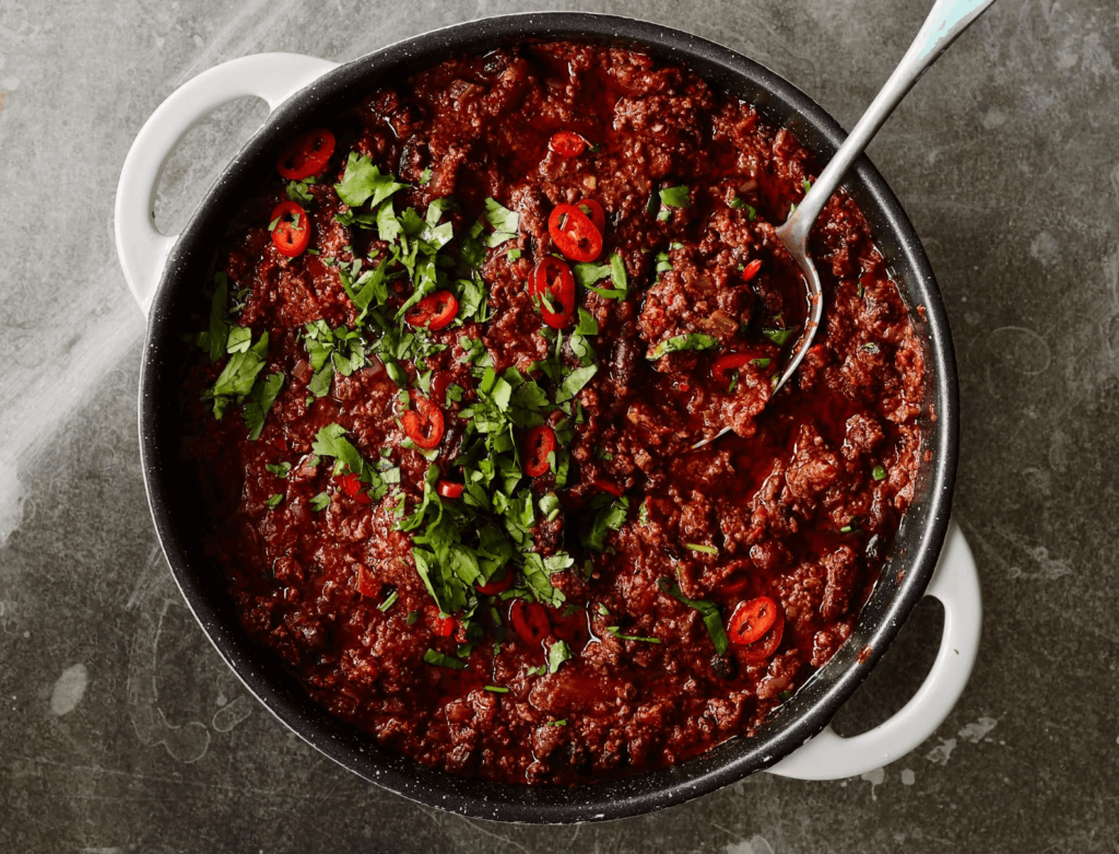 Meaty vegan chilli made by plant-based recipe producers BOSH