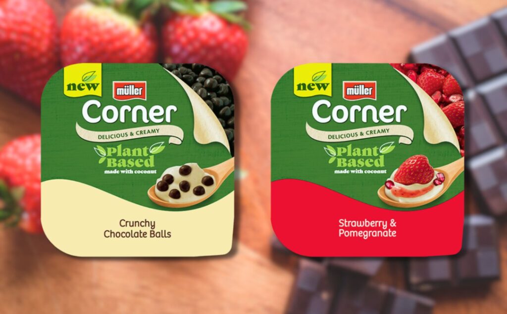 Vegan Muller Corners with dairy-free yogurt, strawberries, and chocolate