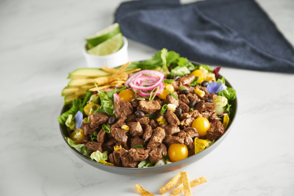 Beyond Meat's vegan steak product in a plant-based salad bowl