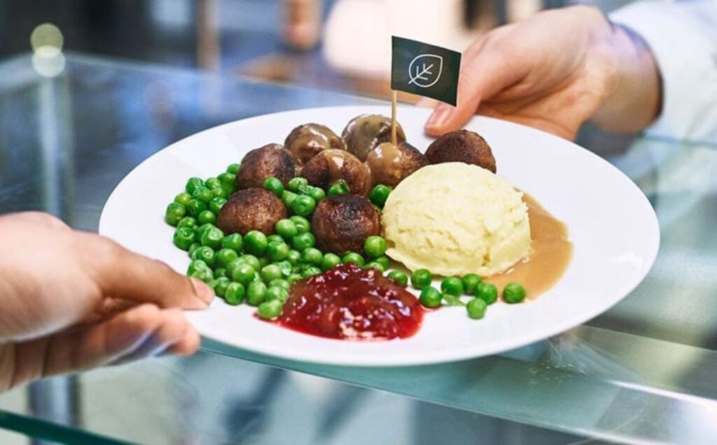 An IKEA restaurant meal featuring vegan meatballs