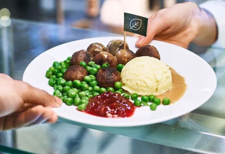 An IKEA restaurant meal featuring vegan meatballs