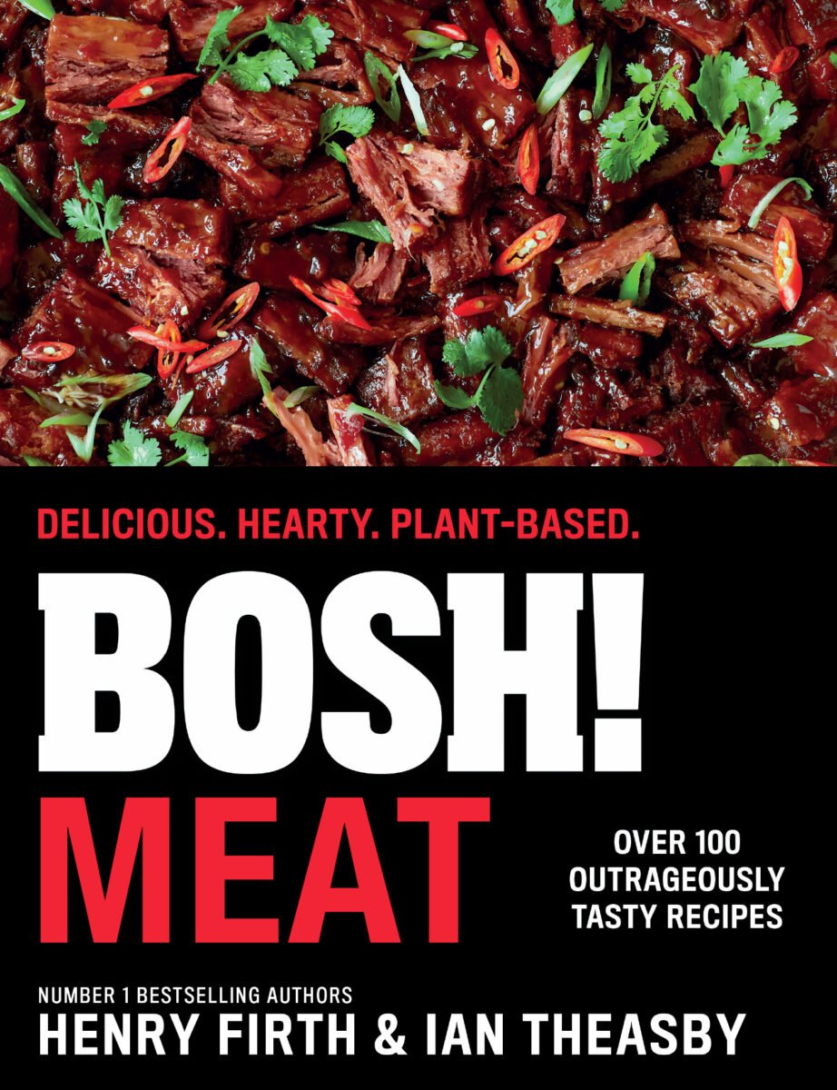 The front cover of the new BOSH! vegan cookbook, named MEAT