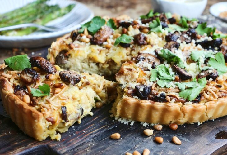 A vegan blue cheese quiche that uses dairy-free, eggless, and plant-based ingredients