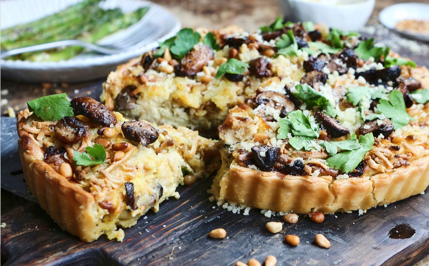 A vegan blue cheese quiche that uses dairy-free, eggless, and plant-based ingredients