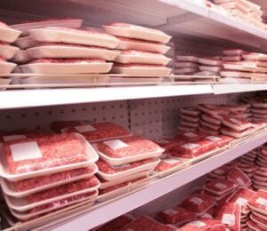 Ground beef, which carries an e.coli risk, in a supermarket