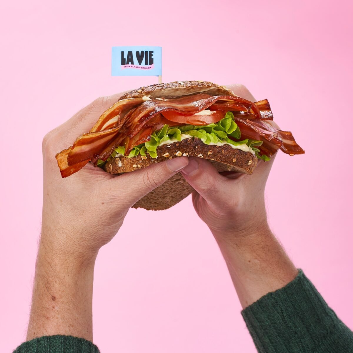 A vegan bacon sandwich from plant-based meat brand La Vie