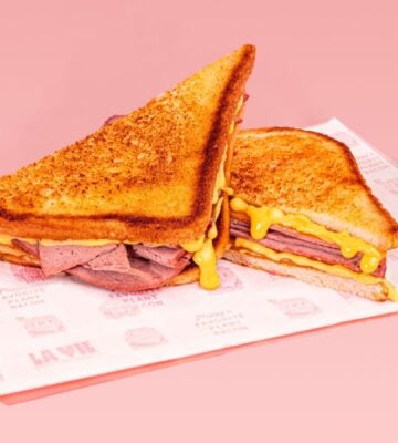 A vegan ham and cheese sandwich from plant-based pork brand La Vie