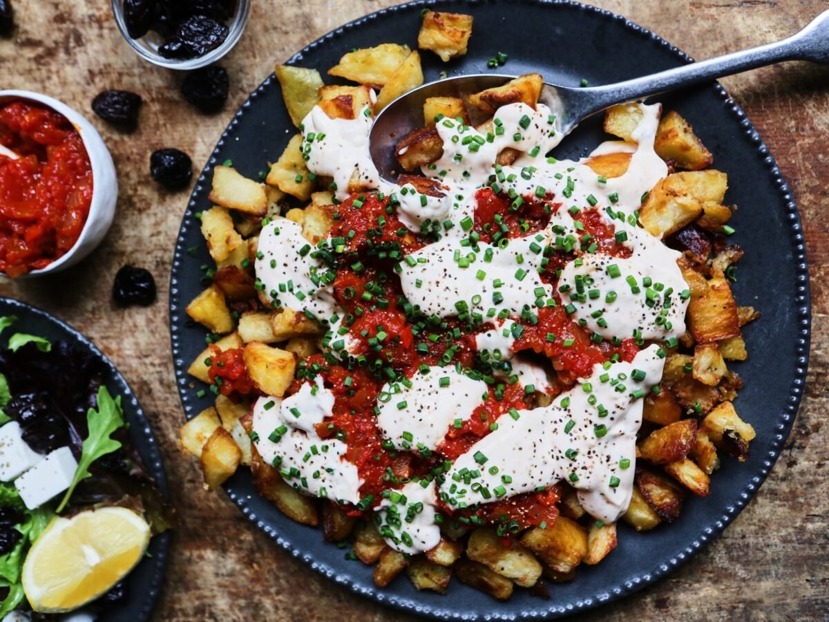 A vegan Spanish patatas bravas recipe with egg-free aioli